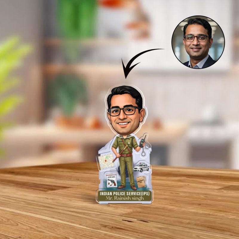 Personalized Indian Police Service Caricature for Office Tabletop Decor Gift for Police Officers, IPS Aspirants Retirement or Birthday Gift for IPS Officer Battery Powered Moving Head